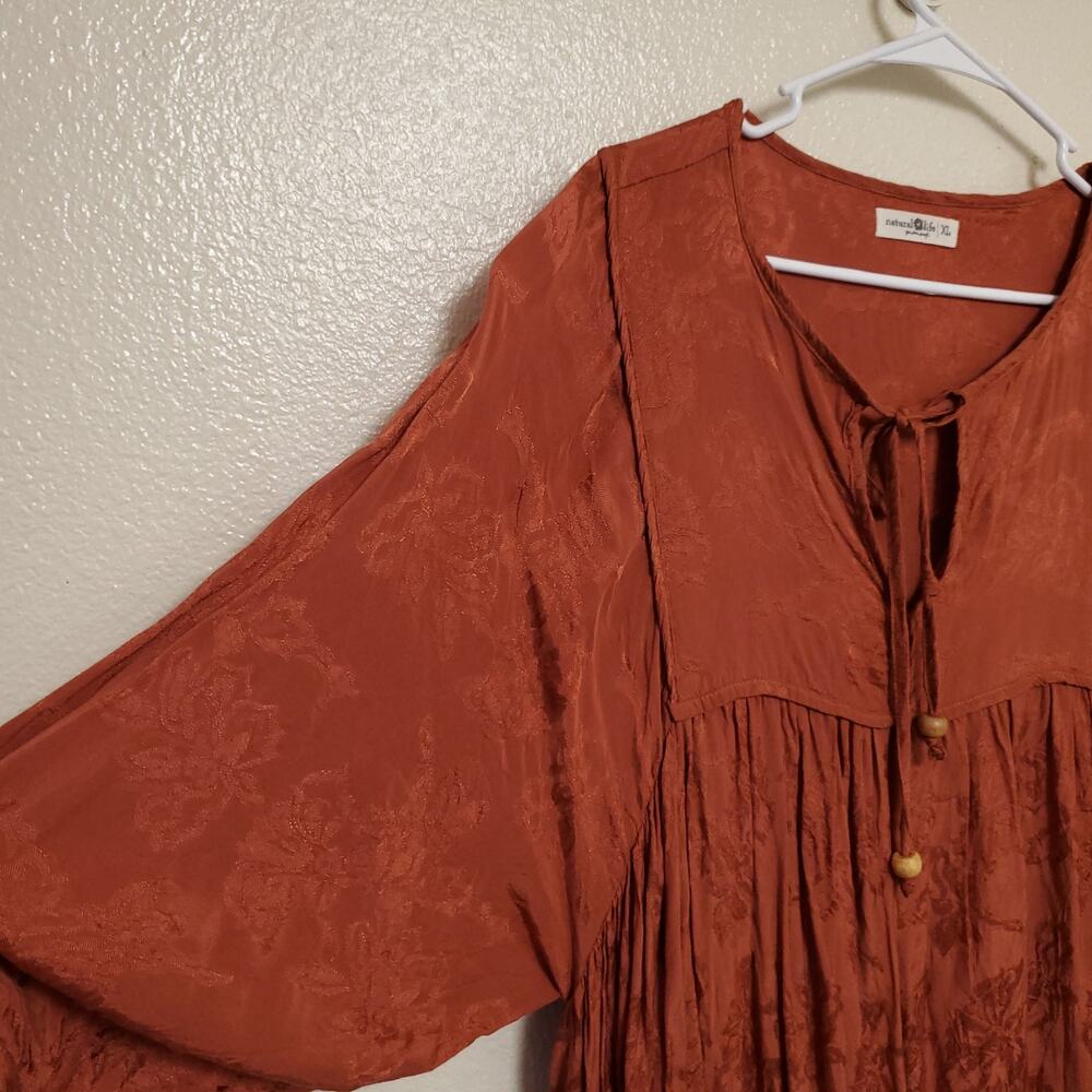 NATURAL LIFE Rust Embossed Babydoll Bubble Sleeves Boho Bohemian Mini Dress XL - Picture 4 of 10